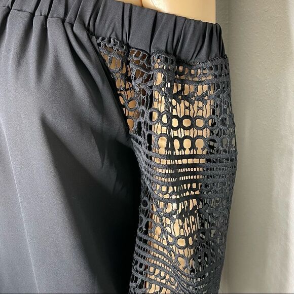 NWT Express Off Shoulder Black Blouse Eyelet Lace Sleeves Semi Sheer Size Small - Picture 11 of 13